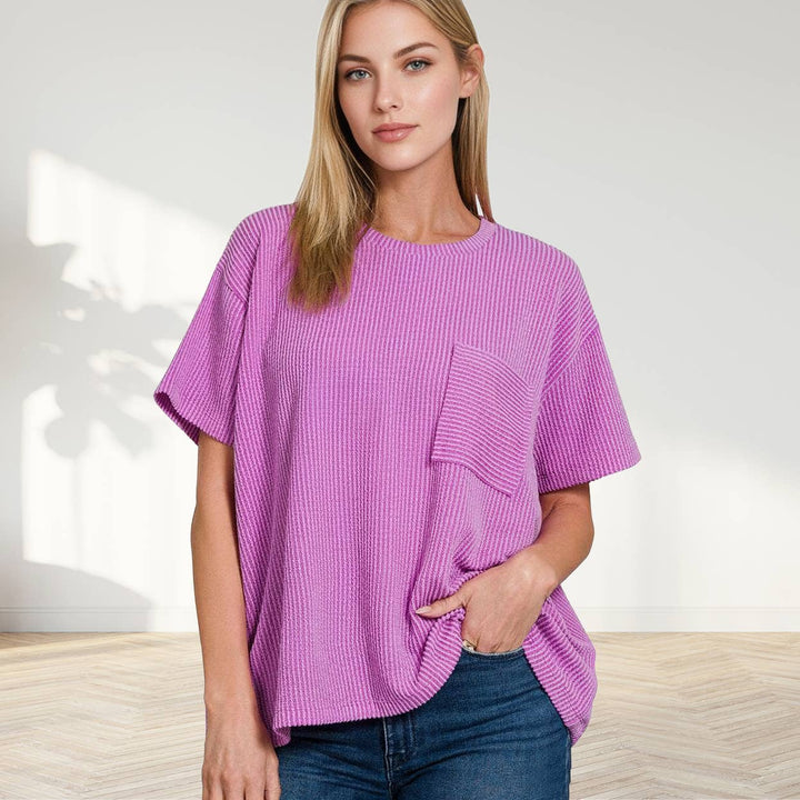 42POPS - Corded Rib Short Sleeve Front Pocket Top