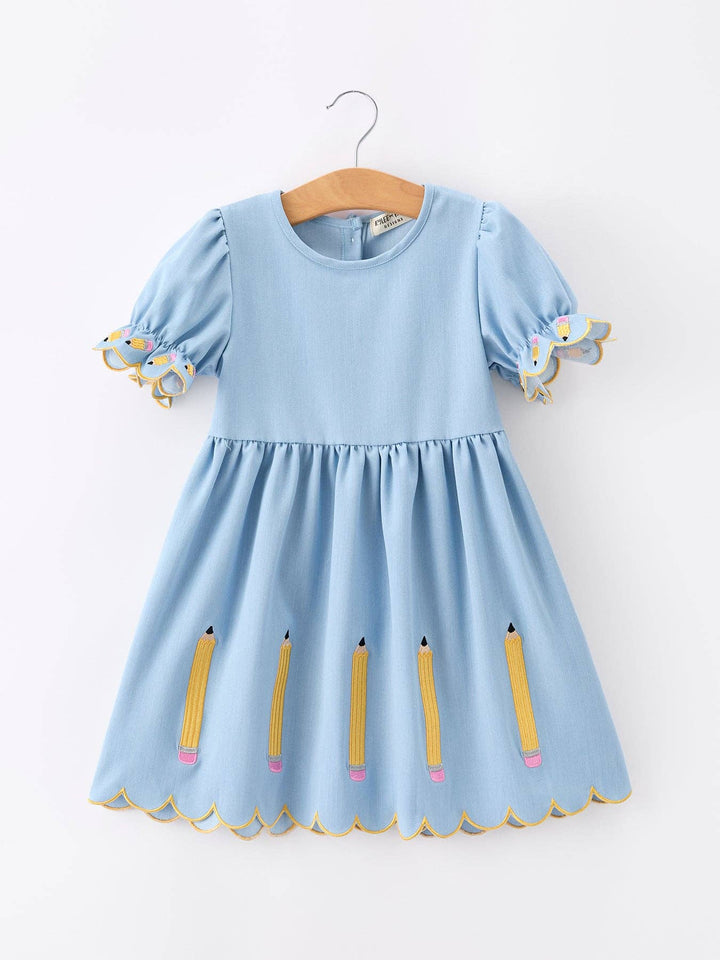 Back to School Pencil Applique Girl Dress Scallop Hem