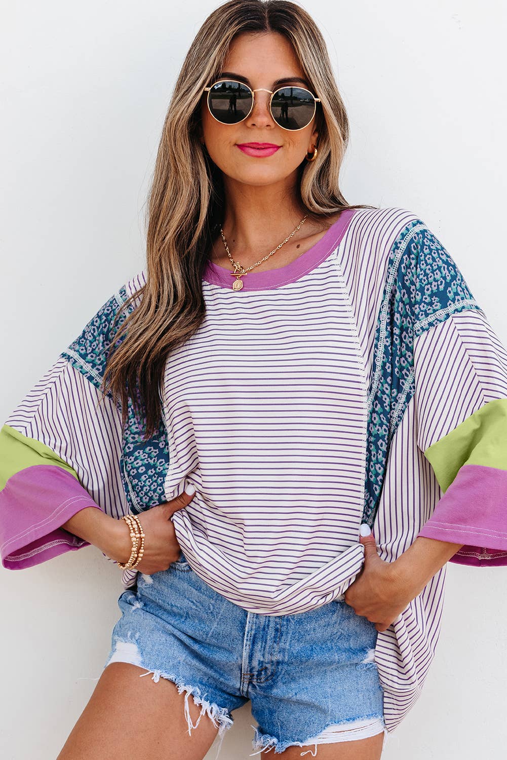Aapparella - Stripe Floral Raw Edge Patchwork Bracelet Sleeve Top | S-XL