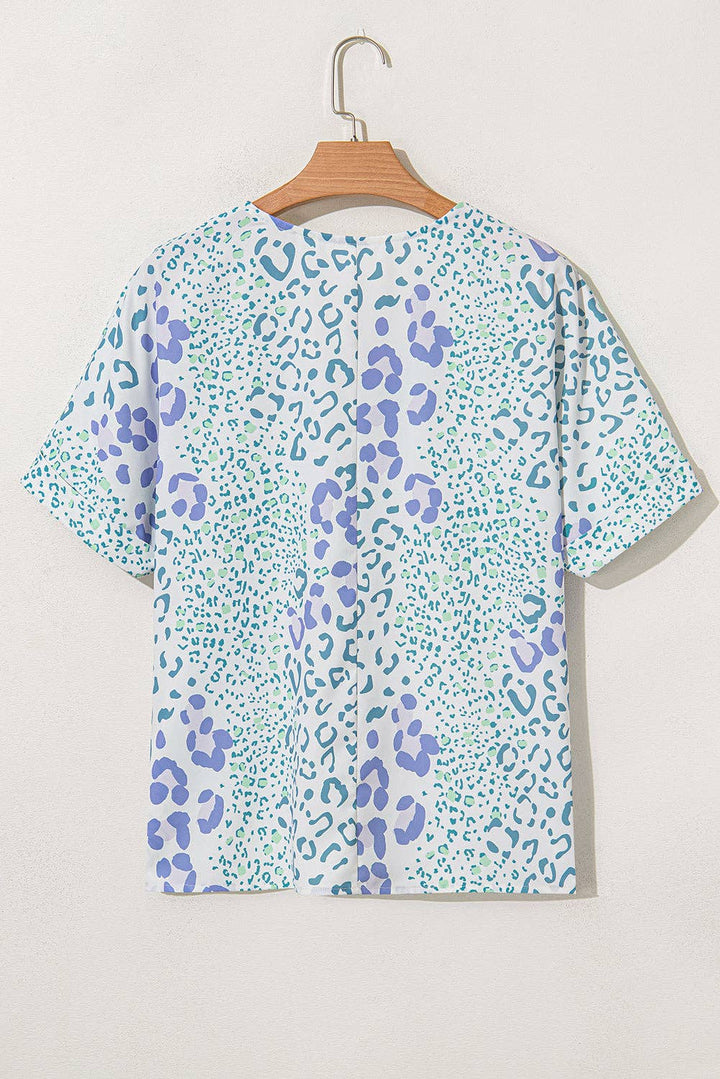Lovesoft - Sky Blue Mixed Leopard Print V Neck Short Sleeve Blouse