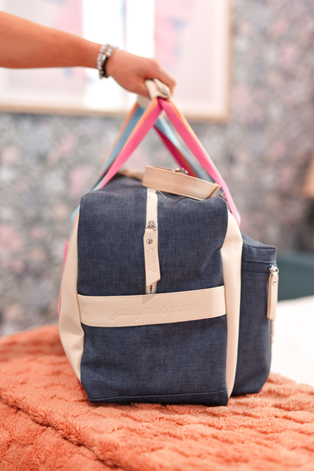 Jadelynn Brooke - Duffle Bag – Denim Print Color Block – Denim/Cream/Mint