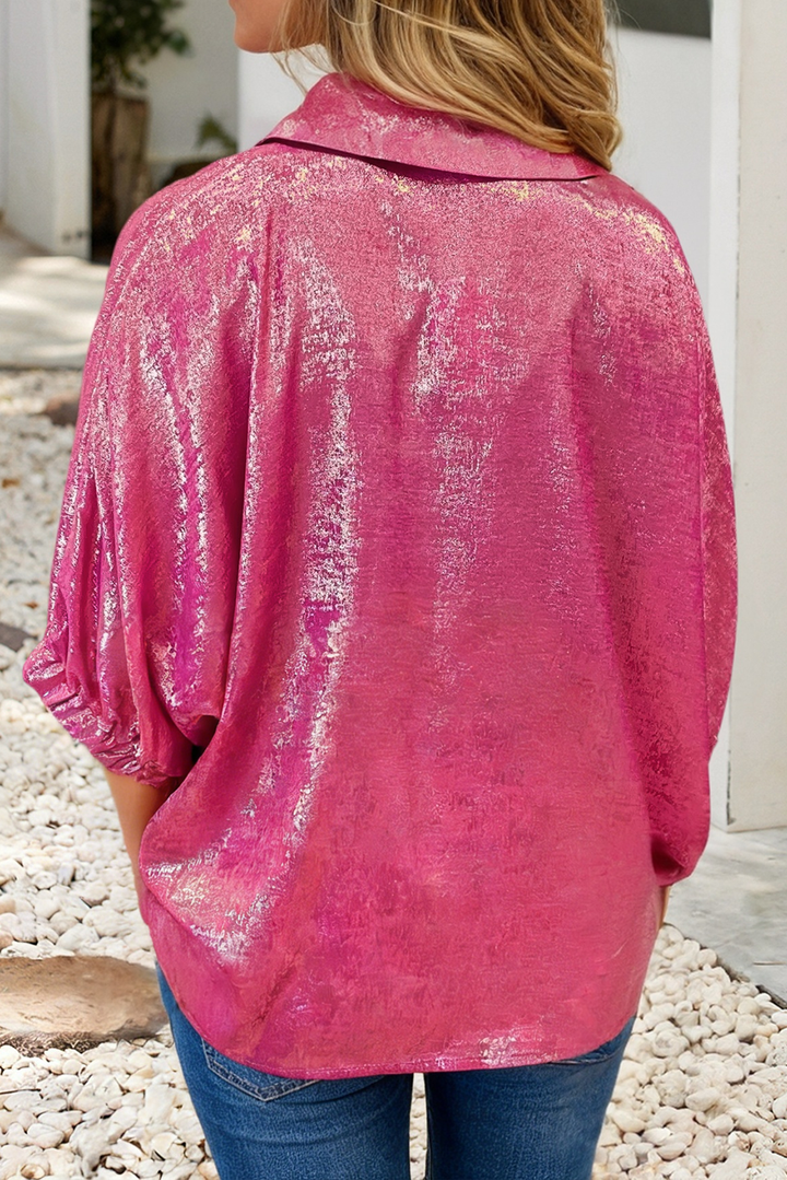 Little Daisy Closet - LDC Collared V Neck Half Sleeve Metallic Top