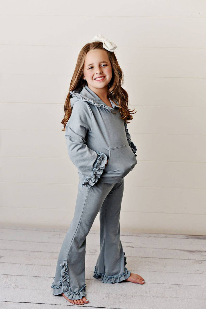 Kids Blue Gray Hooded Ruffle Pocket Fall Winter Lounge Set