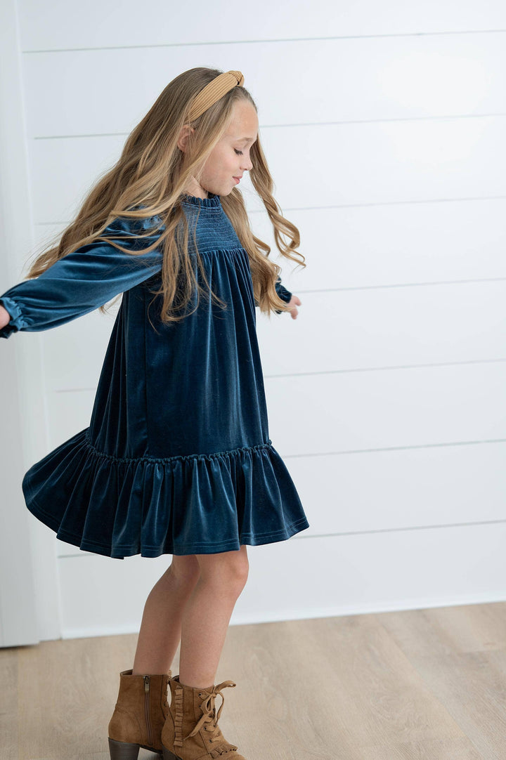 Girls Alexa Teal Smocked Velvet Fancy Holiday Party Dress