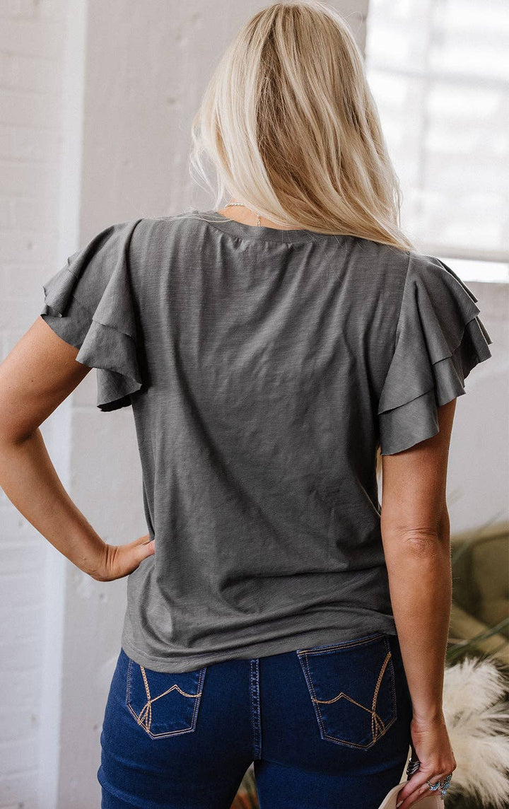 - Dark Grey Ruffle Sleeve Tee Casual Summer Top