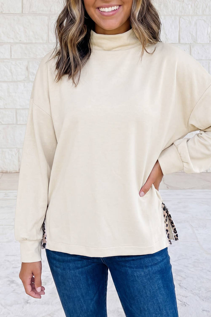 1 the Woman - Mock Neck Side Slit Leopard Lining Oversized Sweatshirt