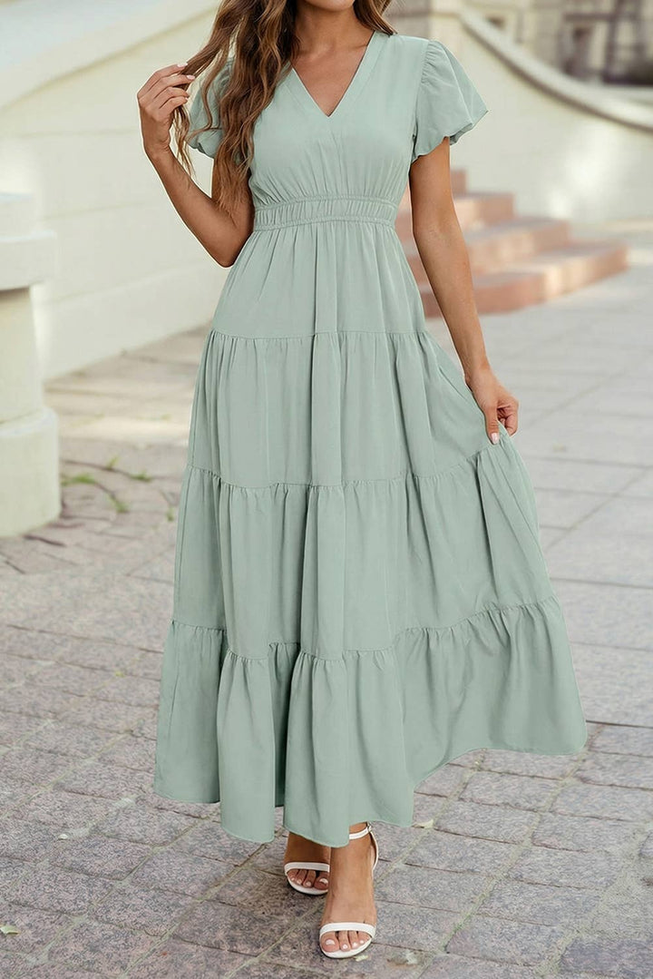 Color V Neck Short Puff Sleeve High Waist Tiered Maxi Dress