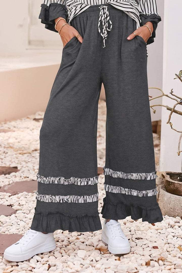 Little Daisy Closet - LDC Stripe Ruffle Contrast Sleeve Drawstring Pants 2pcs Set
