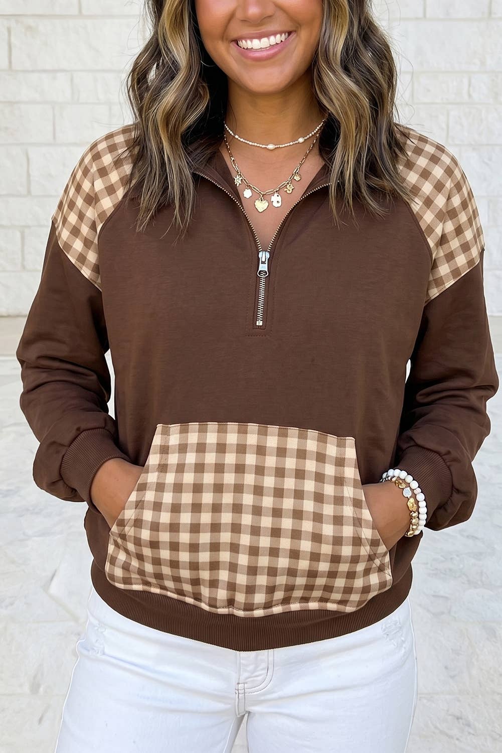 1 the Woman - Patchwork Plaid Pocket Quarter Zip Sweatshirt S–4X