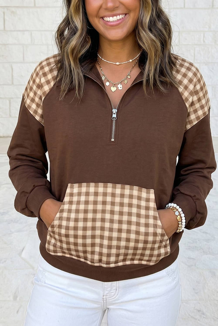1 the Woman - Patchwork Plaid Pocket Quarter Zip Sweatshirt S–4X
