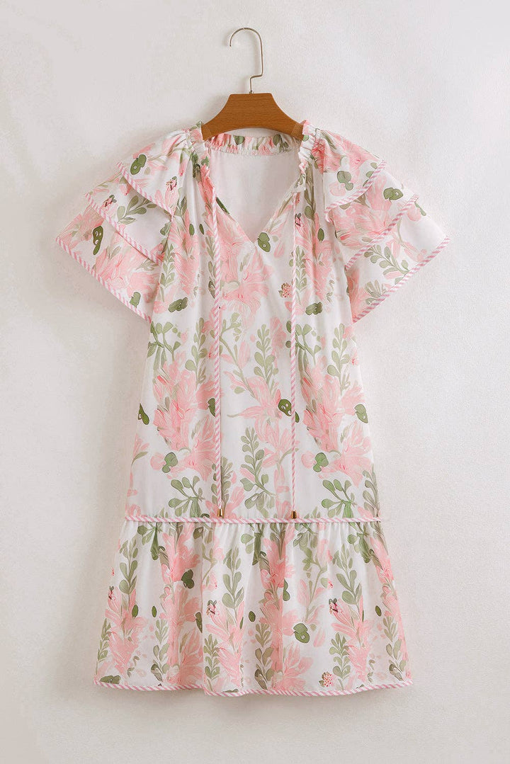 Lovesoft - Pink Floral Contrast Edge Layered Short Sleeve Mini Dress