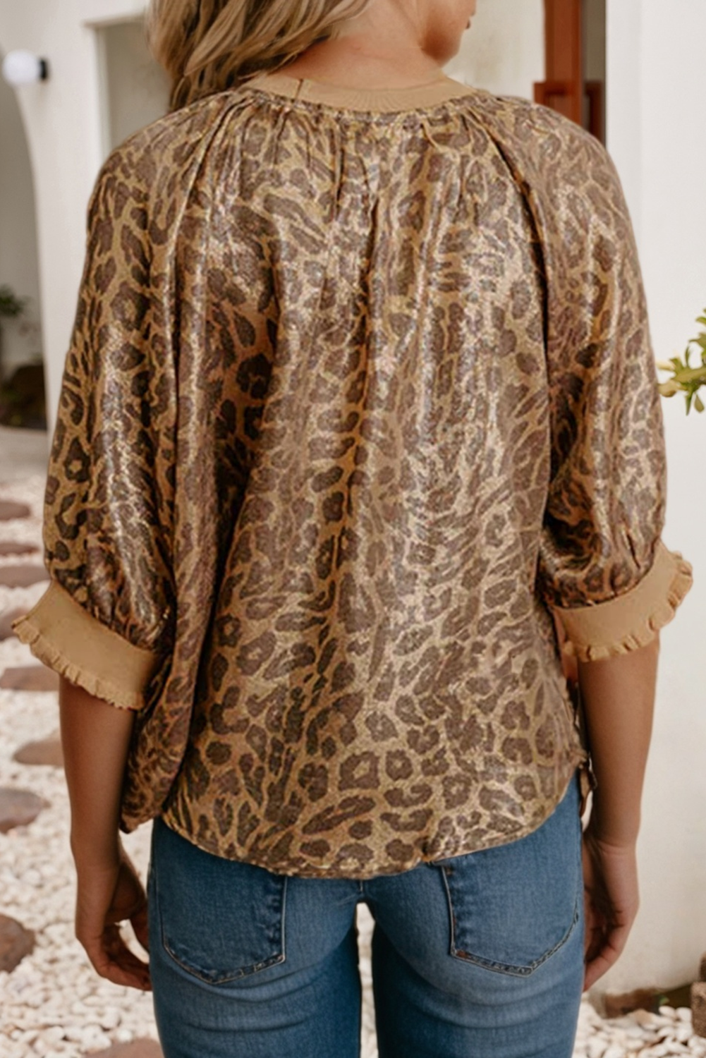 Little Daisy Closet - LDC Leopard Print Color Block Patchwork Half Sleeve Blouse