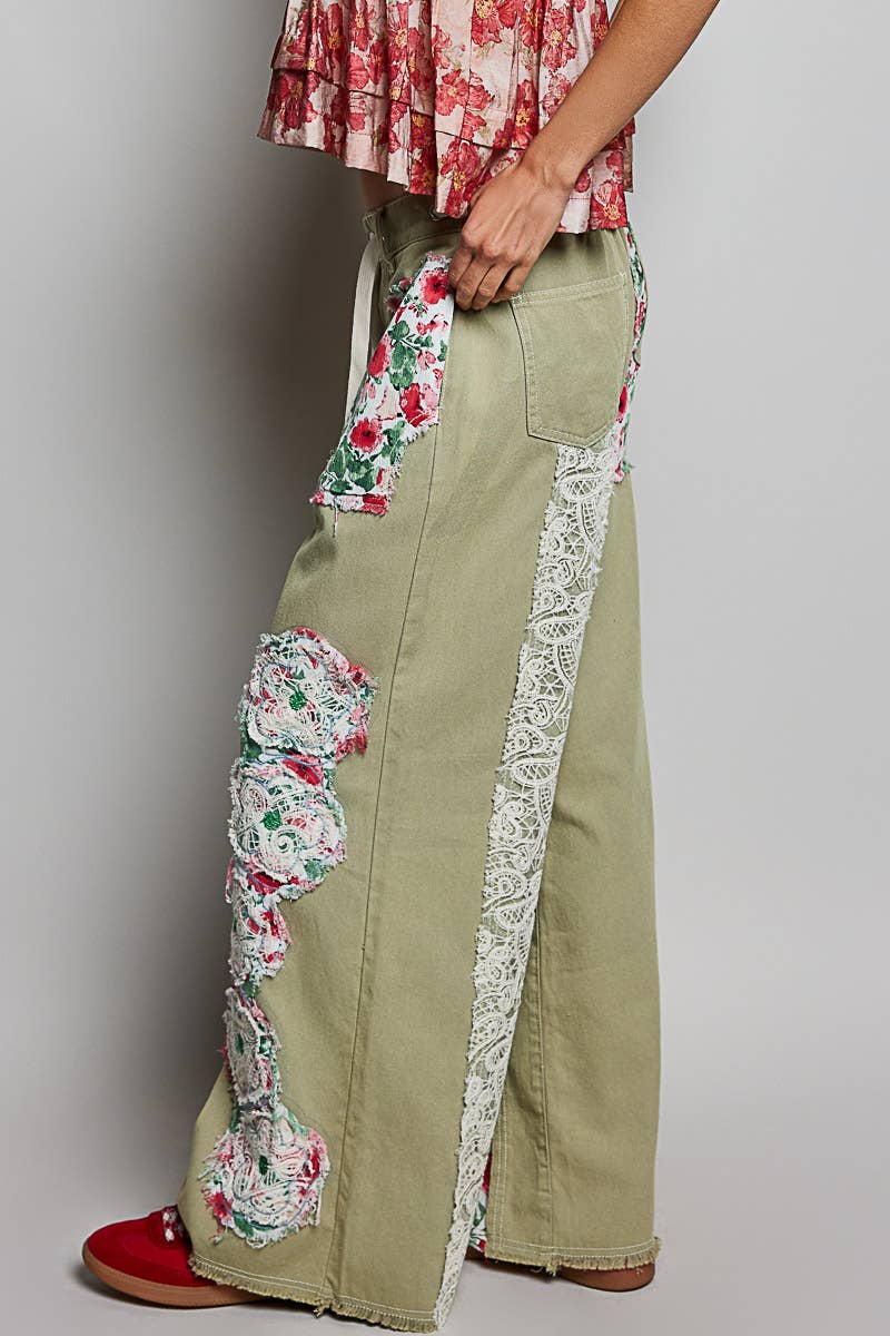 Pol Clothing - Drawstring Floral Patch Denim Pants