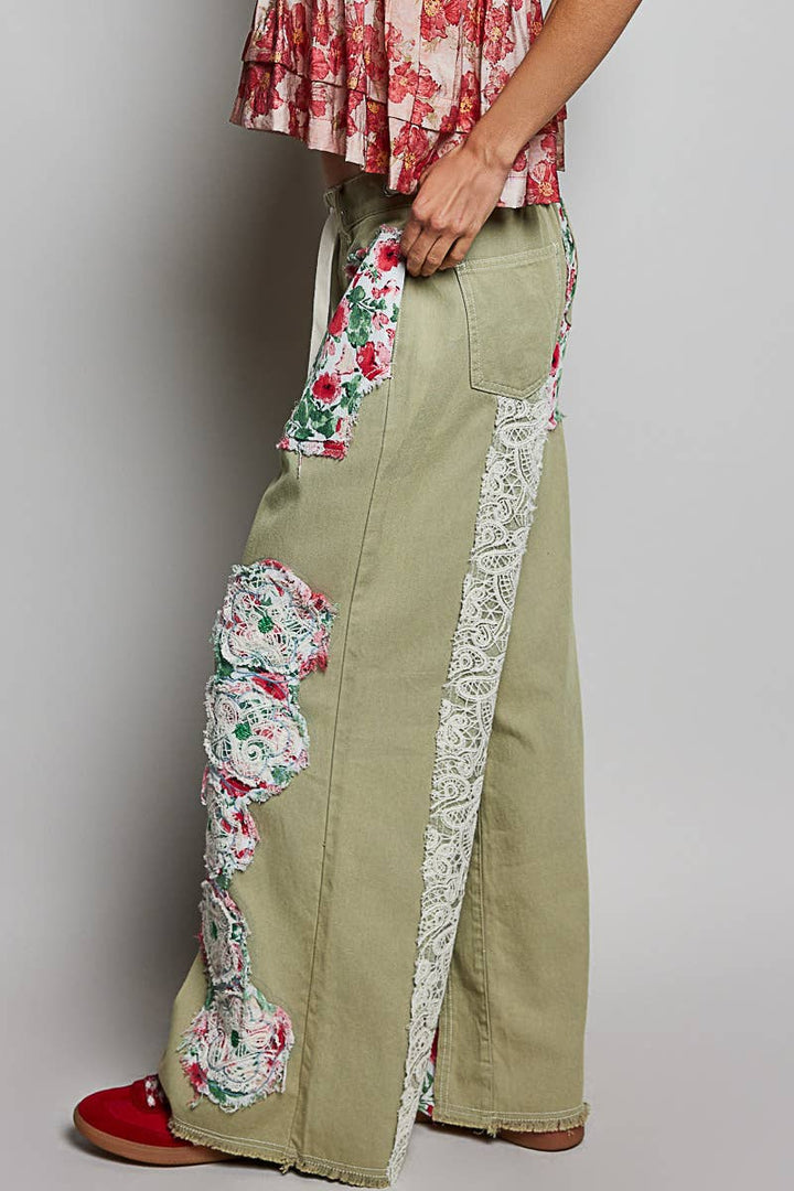Pol Clothing - Drawstring Floral Patch Denim Pants