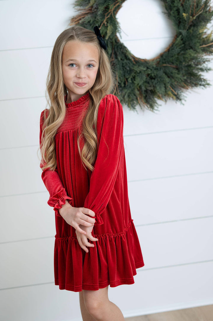 Girls Alexa Red Smocked Velvet Fancy Holiday Party Dress