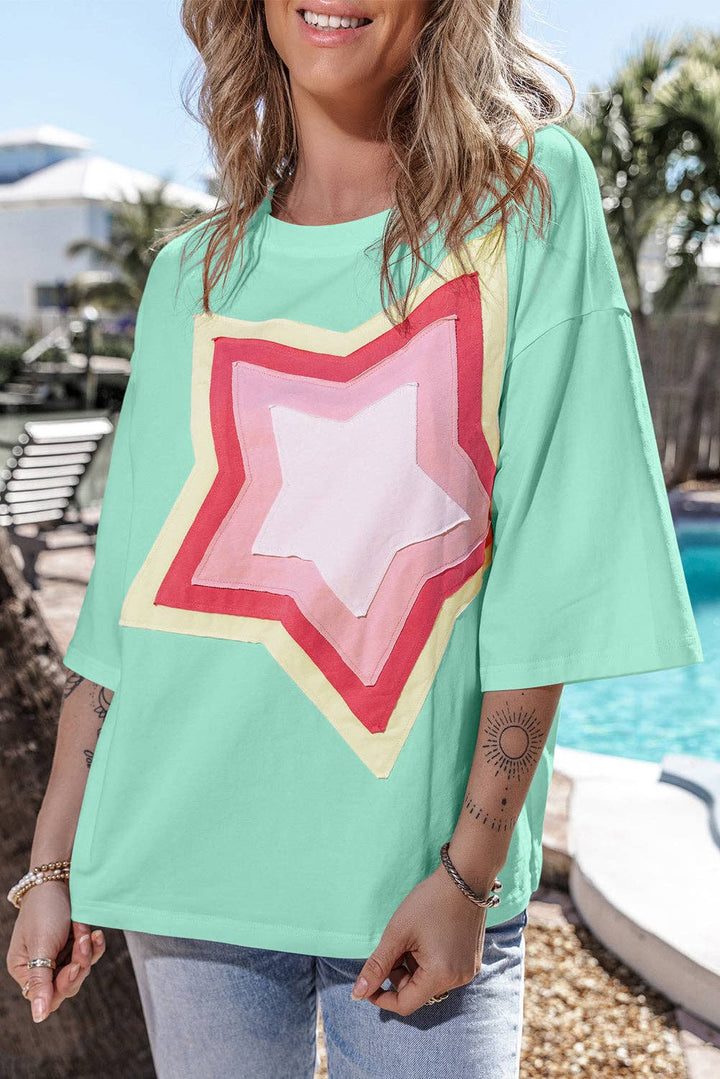 Lovesoft - Colorblock Star Patched Half Sleeve Oversized Tee