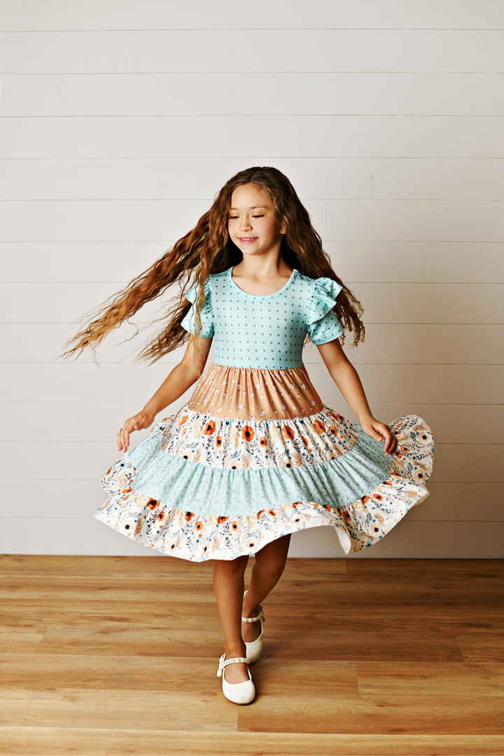 Girls Fall Ava Teal Beige Floral Dot Tiered Twirl Dress