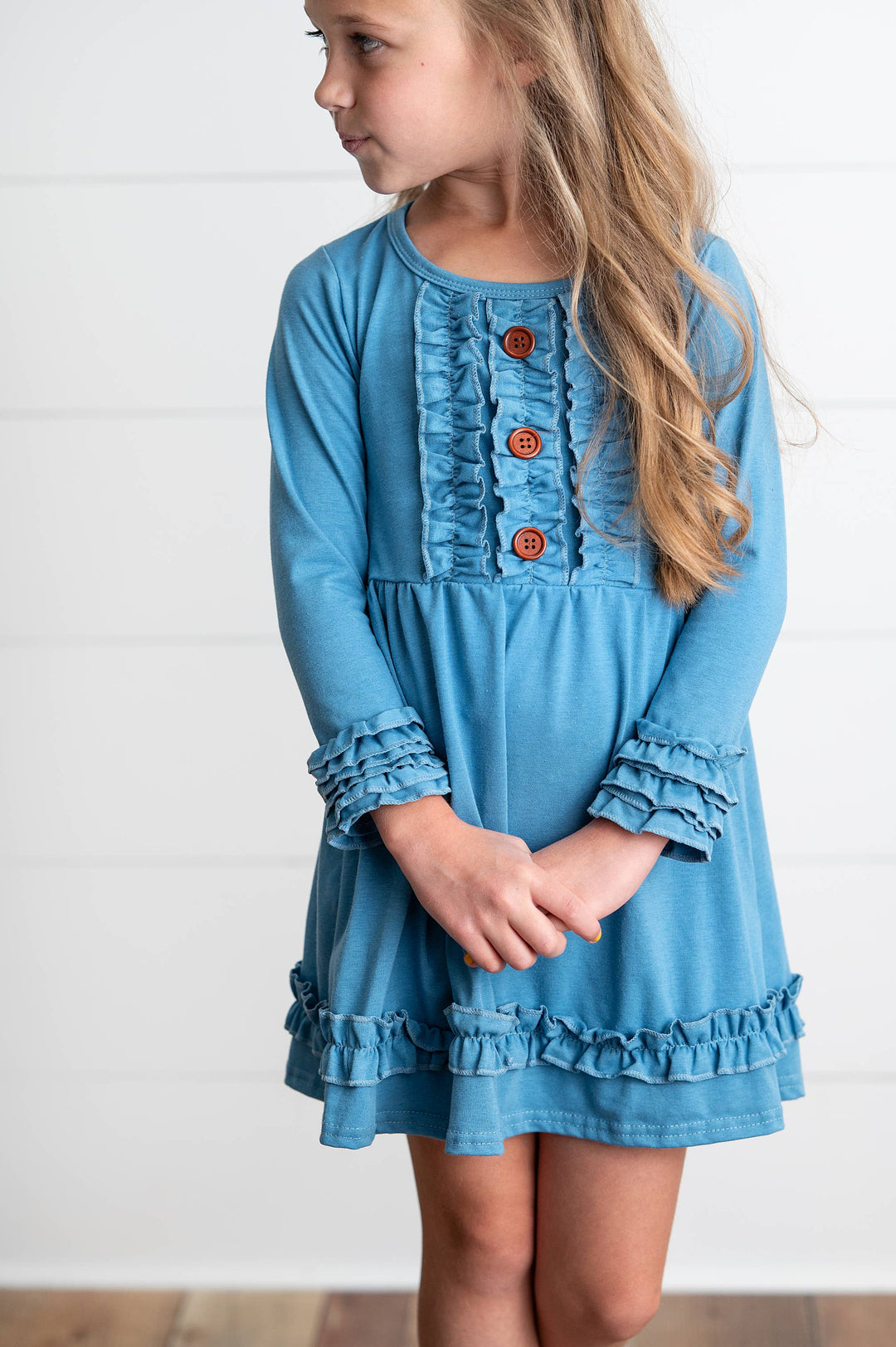 Adorable Sweetness - Girls Long Sleeve Solid Blue Ruffle Button Fall Winter Dress