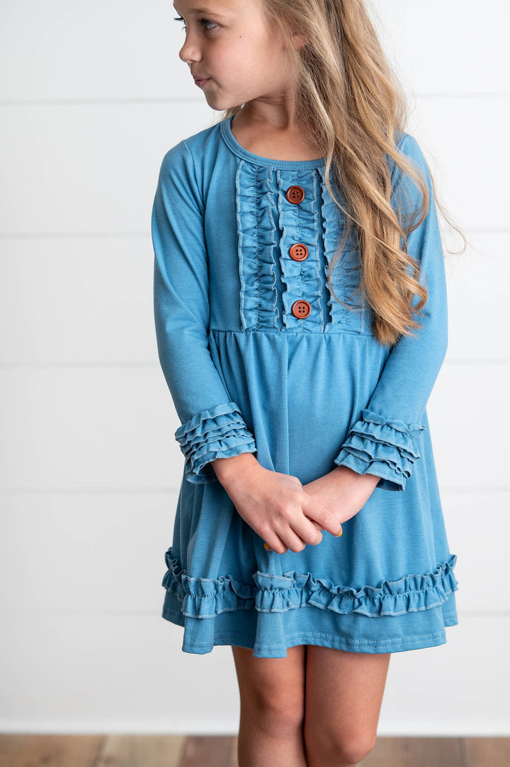 Adorable Sweetness - Girls Long Sleeve Solid Blue Ruffle Button Fall Winter Dress