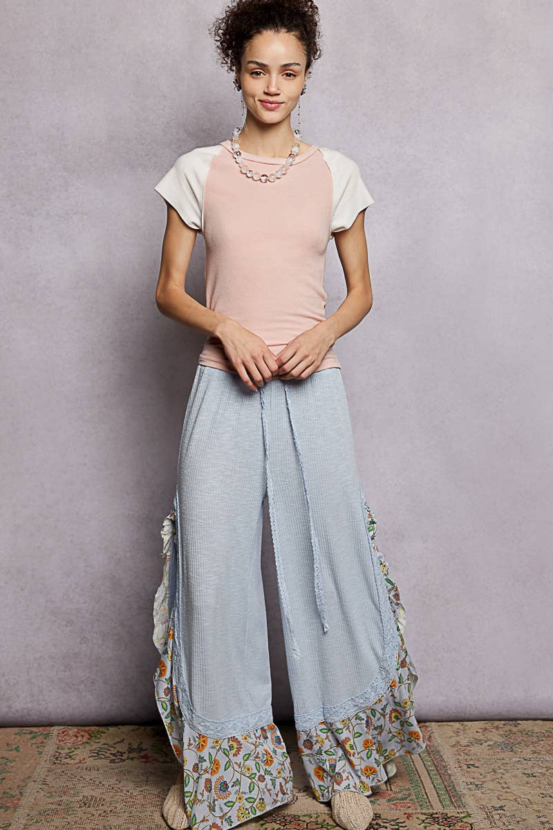 Pol Clothing - Floral Pattern Ruffle Detail Ribbed Knit Pants