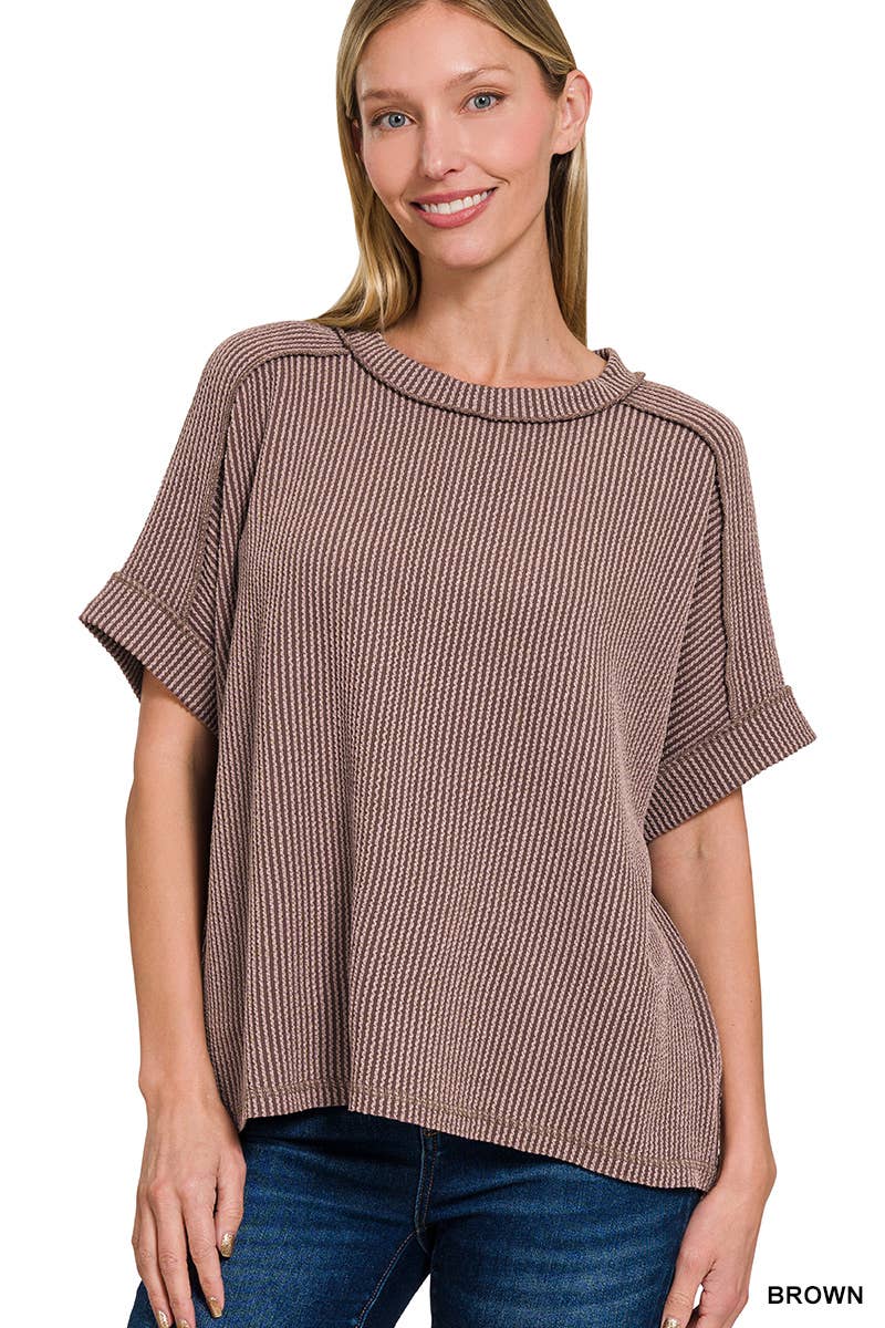 Textured Line Short Cuff Sleeve Raw Edge Top