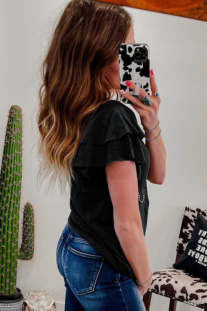 - Dark Grey Ruffle Sleeve Tee Casual Summer Top