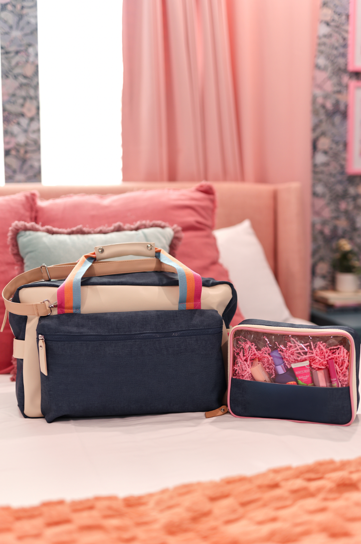 Jadelynn Brooke - Duffle Bag – Denim Print Color Block – Denim/Cream/Mint