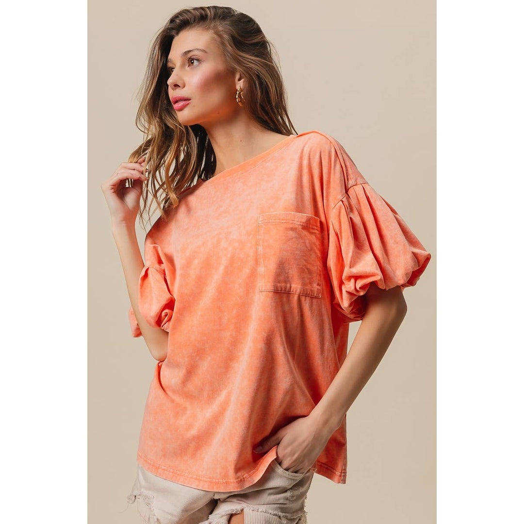 BiBi - MINERAL WASHED PUFF SLEEVE JERSEY TOP