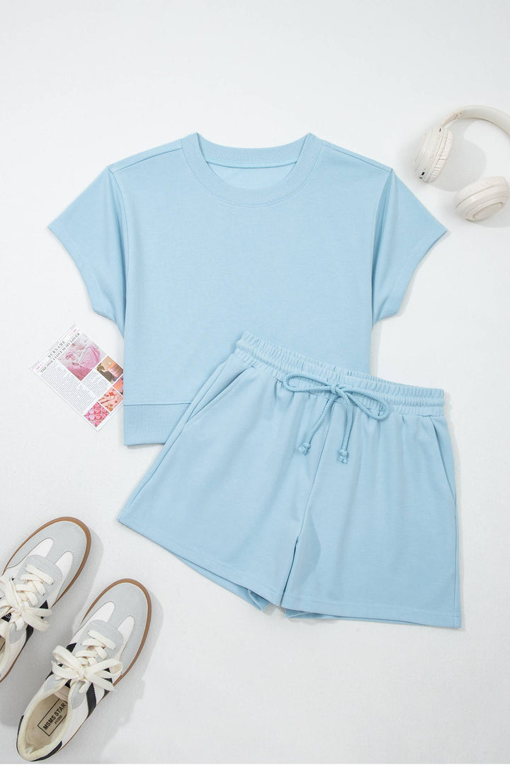 Solid Loose Tee Drawstring 2pcs Shorts Sets