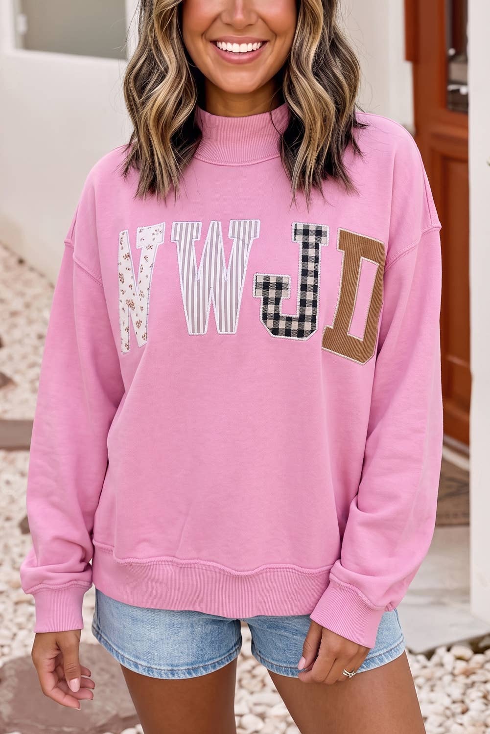 Little Daisy Closet - F/W26 WWJD Embroidered Patch Mock Neck Sweatshirt| S-4X