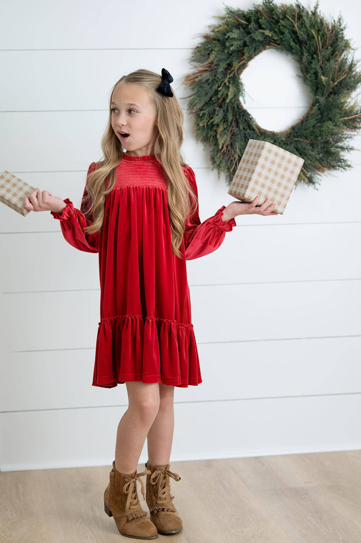 Girls Alexa Red Smocked Velvet Fancy Holiday Party Dress