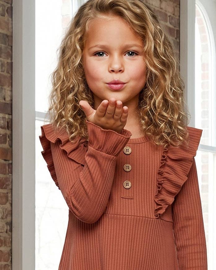 Kids Brown Toffee Ribbed Long Sleeve Button Ruffle Shirt