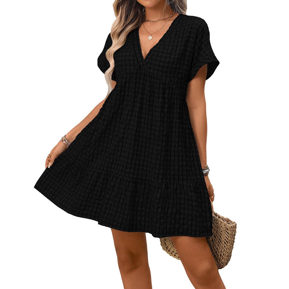 Gingham V Neck Short Sleeve Summer Dress with Ruffle Hem