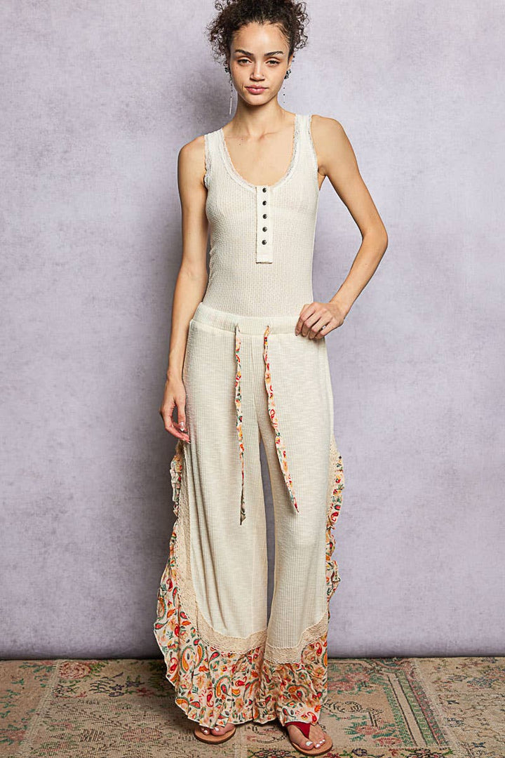 Pol Clothing - Floral Pattern Ruffle Detail Ribbed Knit Pants