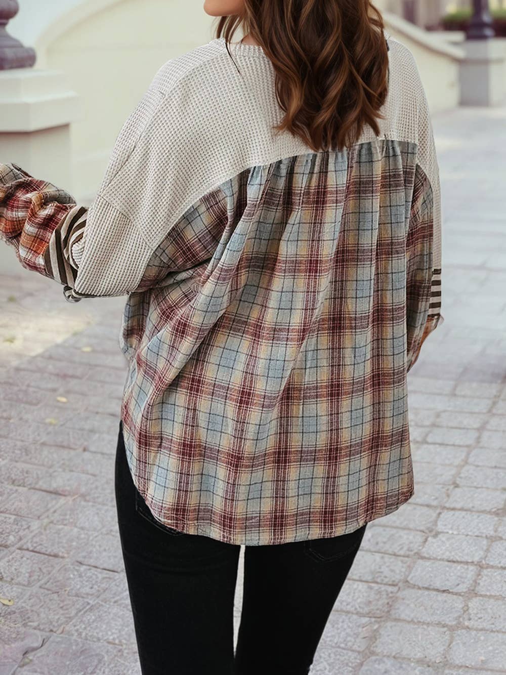 1 the Woman - Waffle Stripe Plaid Patchwork Henley Knit Top S-4X