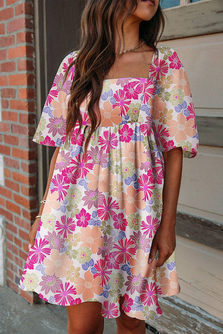 Floral Square Neck Puff Sleeve Babydoll Dress