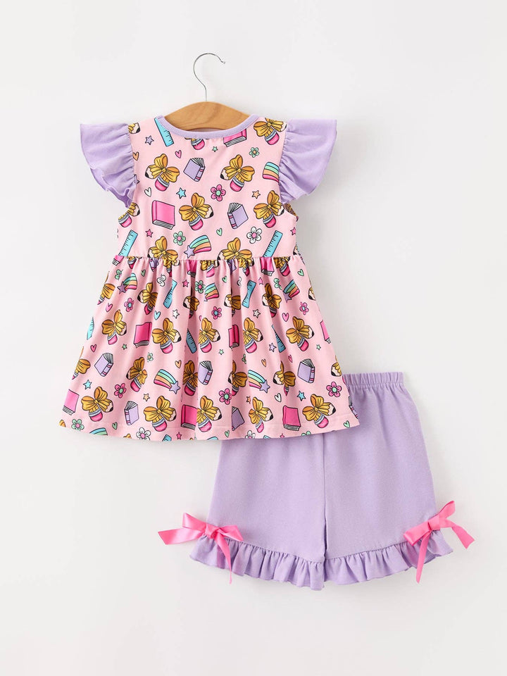 Back To School Crayon Bow Girls Ruffle Shorts Set