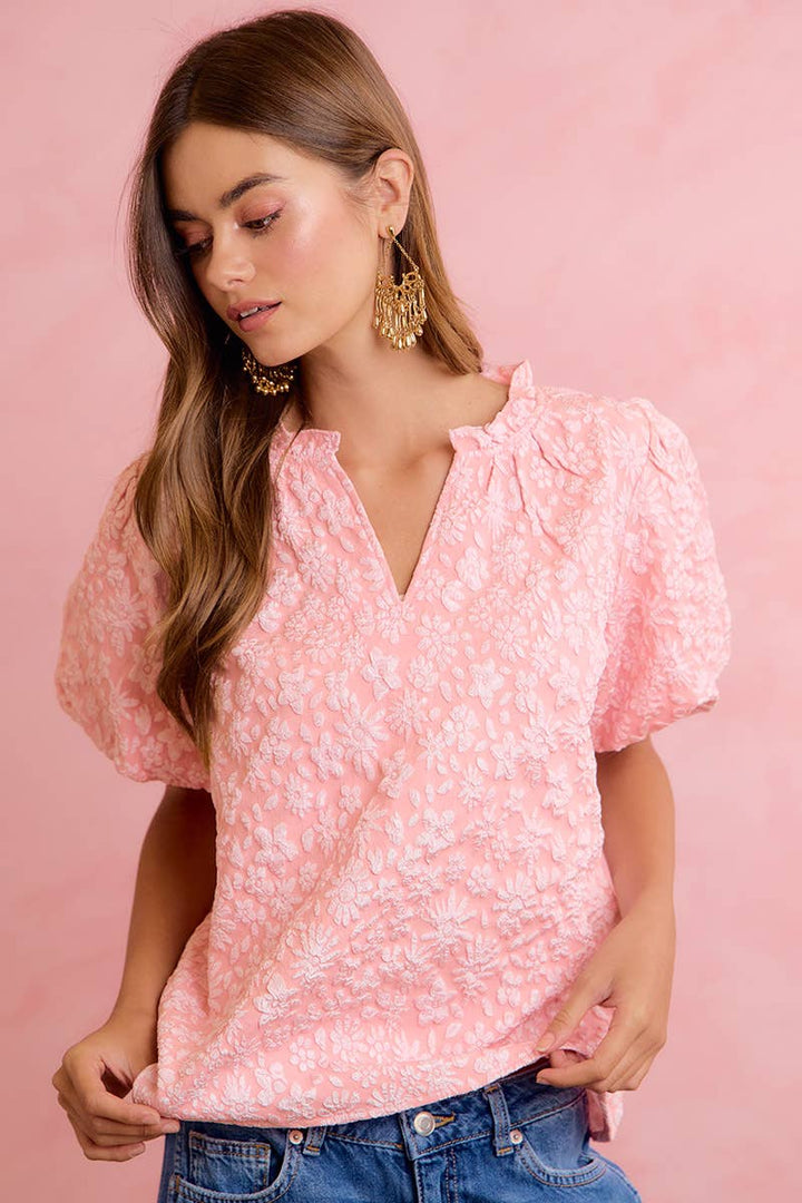 BiBi - FLORAL PATTERN TEXTURE SLEEVES RUFFLED V-NECK TOP