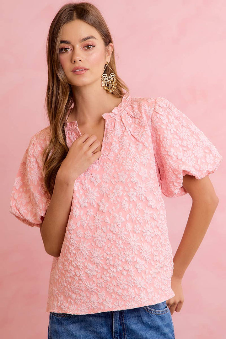 BiBi - FLORAL PATTERN TEXTURE SLEEVES RUFFLED V-NECK TOP