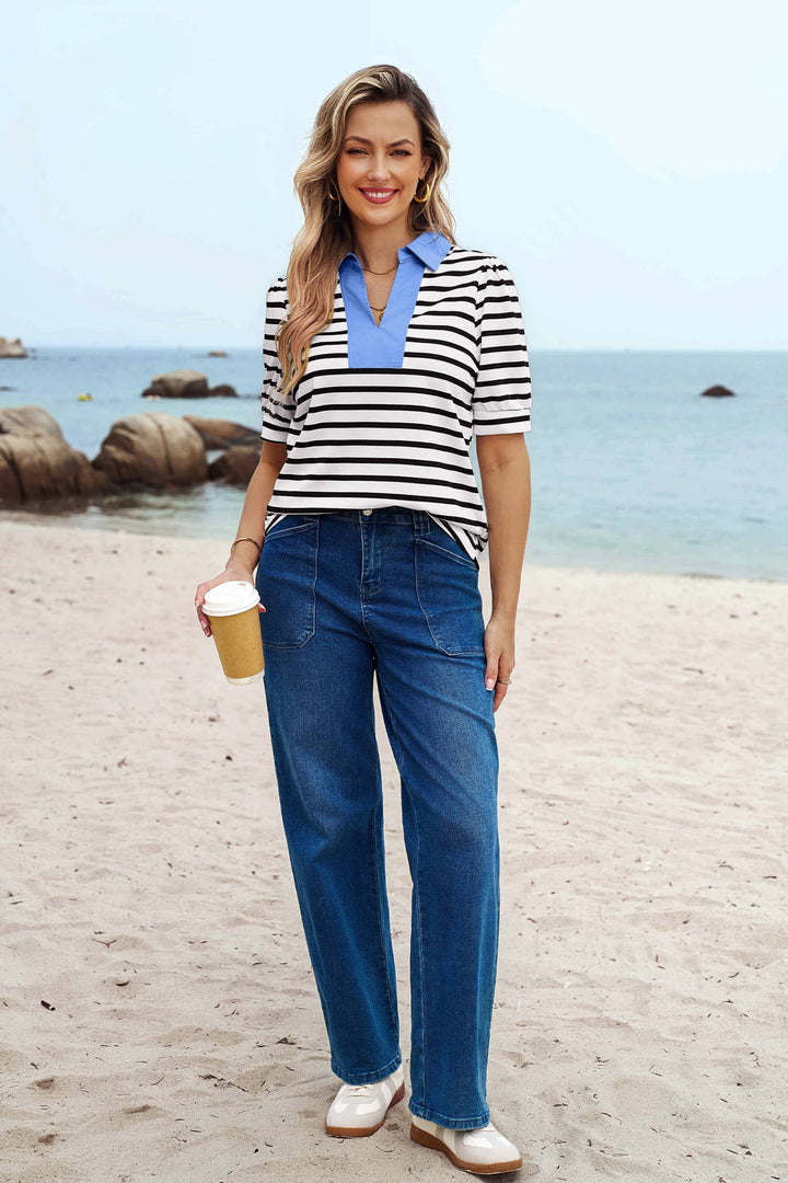 Short Puff Sleeve Color Block Polo Collar Blouse