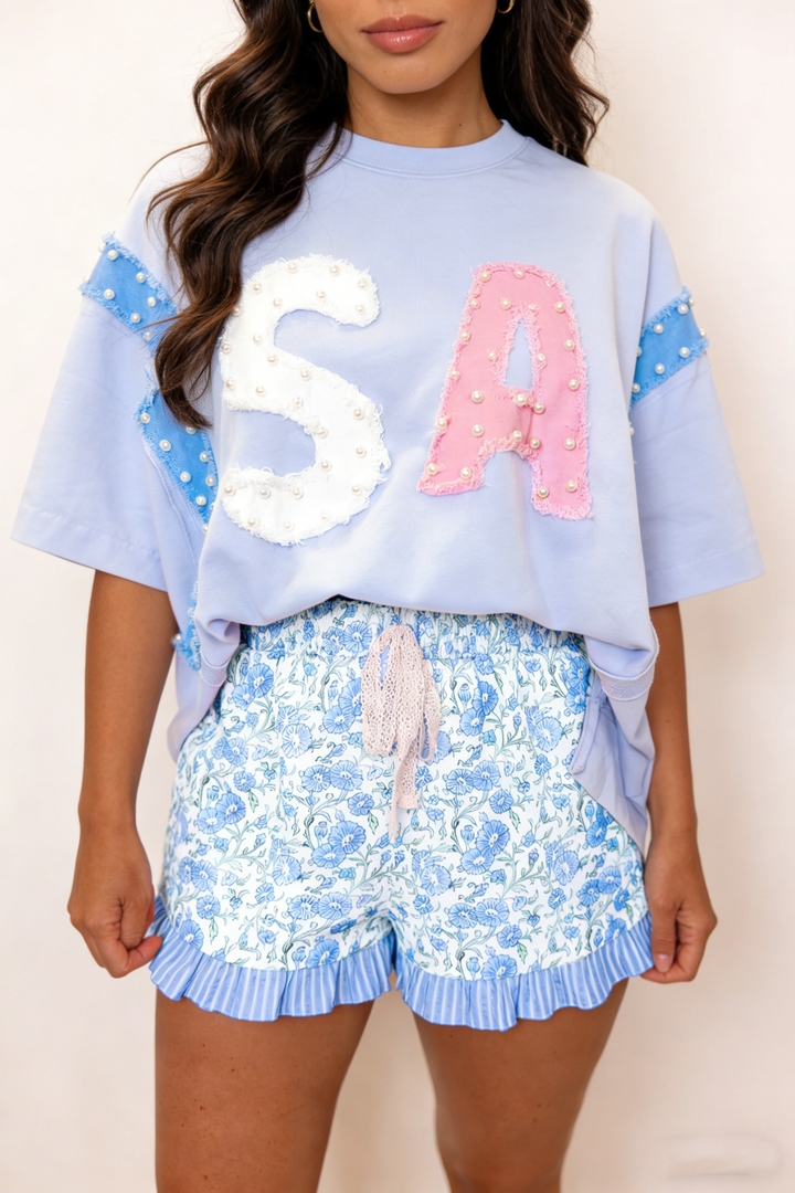 66DISCO - 66 Floral Striped Ruffle Hem Lace Tie Shorts (S-XL)