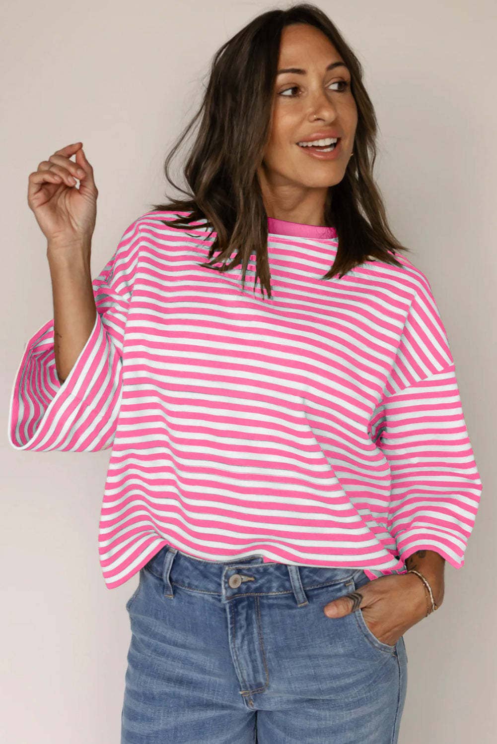 Pink Striped Knit Crew Neck Top with Back Bow Tie Detail