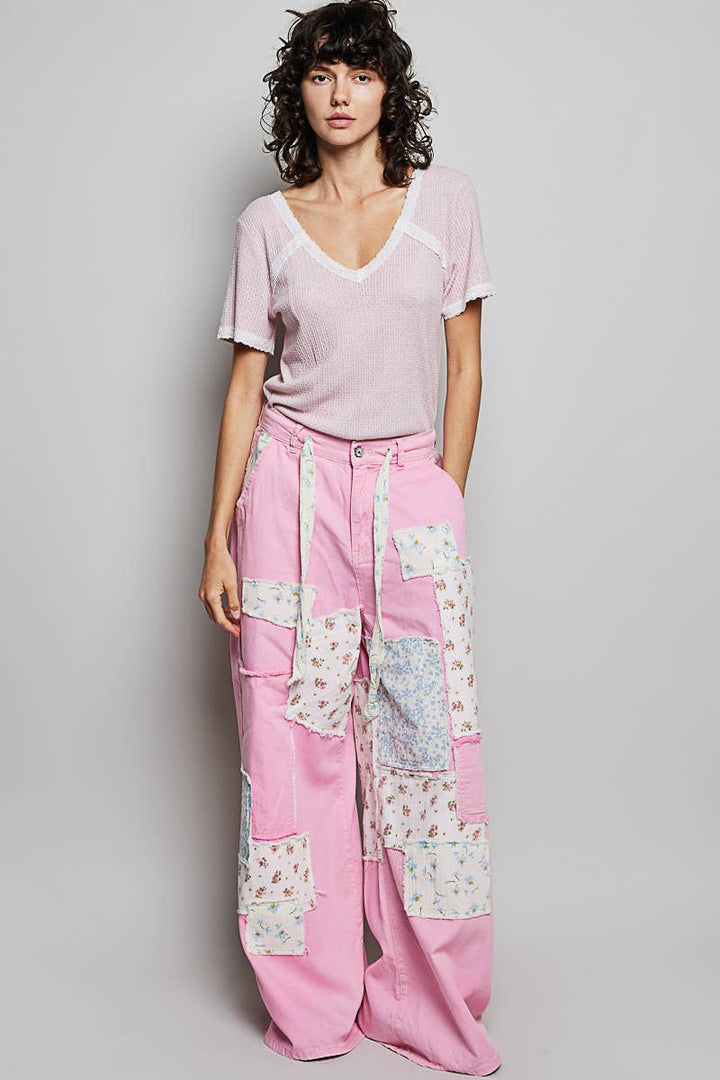 Pol Clothing - Patchwork Detail Denim Straight Fit Pants