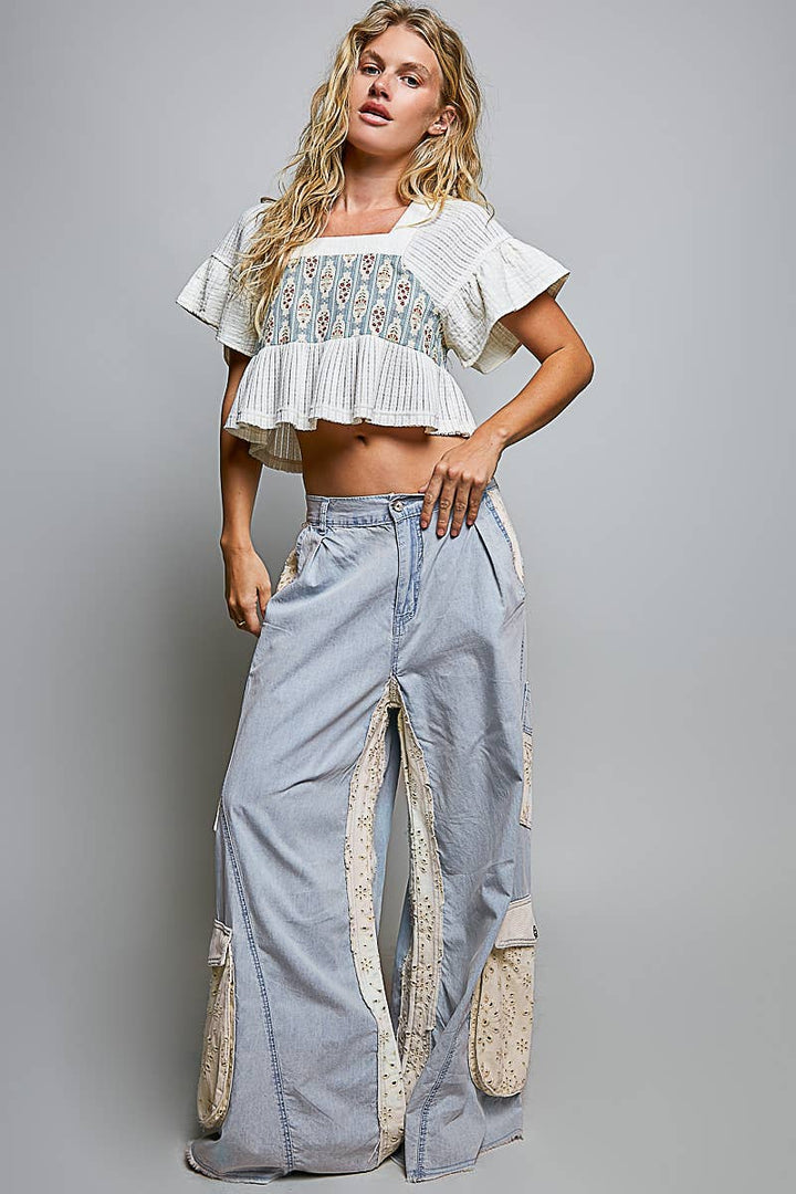 Pol Clothing - Solid Floral Metal Button Vintage Washing Laser Cut Pants
