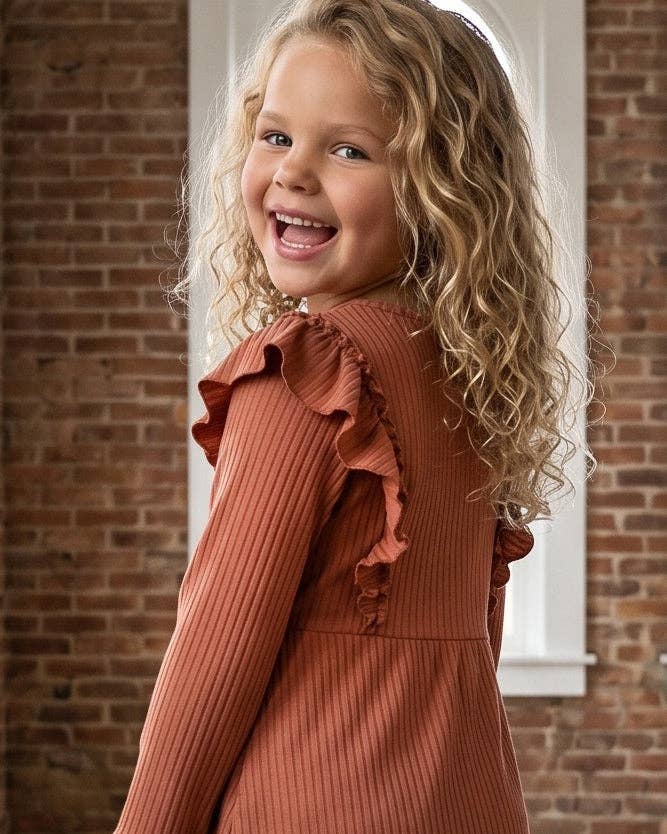 Kids Brown Toffee Ribbed Long Sleeve Button Ruffle Shirt