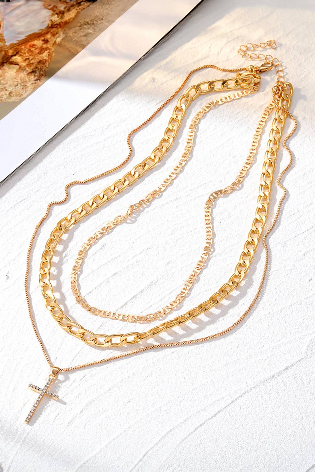 Gold Layered Chain Cross Pendant Necklace Set