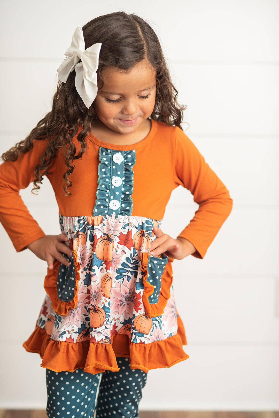 Kids Sage &amp; Pumpkin Ruffle Pocket Polka Dot Fall Pant Set