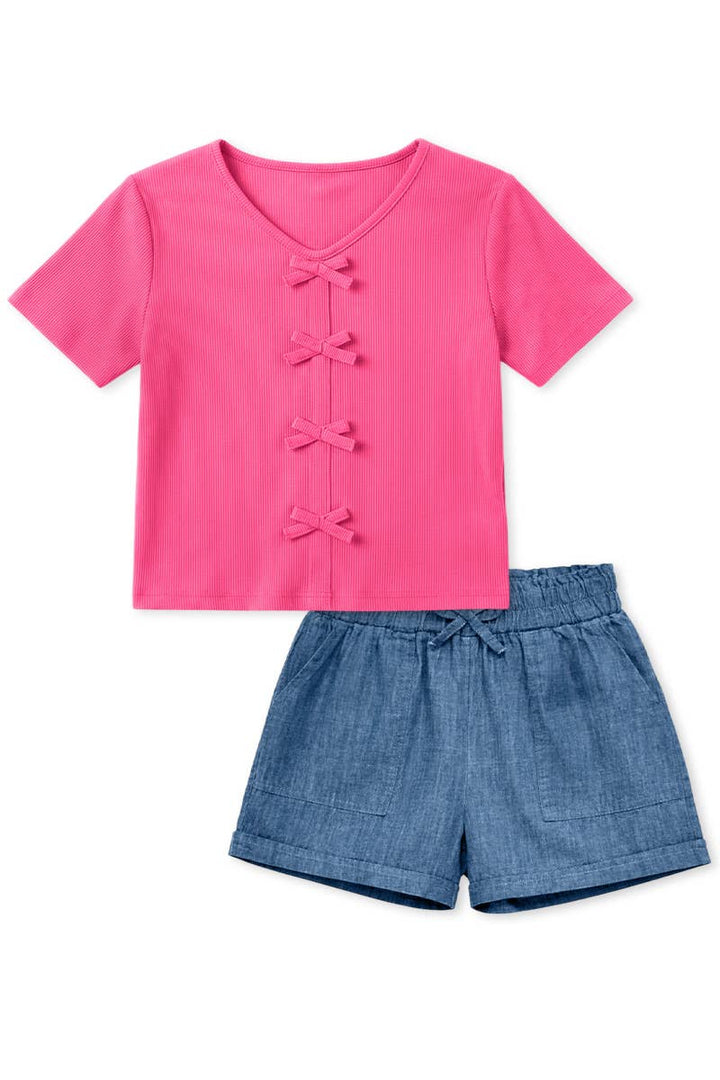 Toddlers Ribbed Knit Top &amp; Chambray Short Set