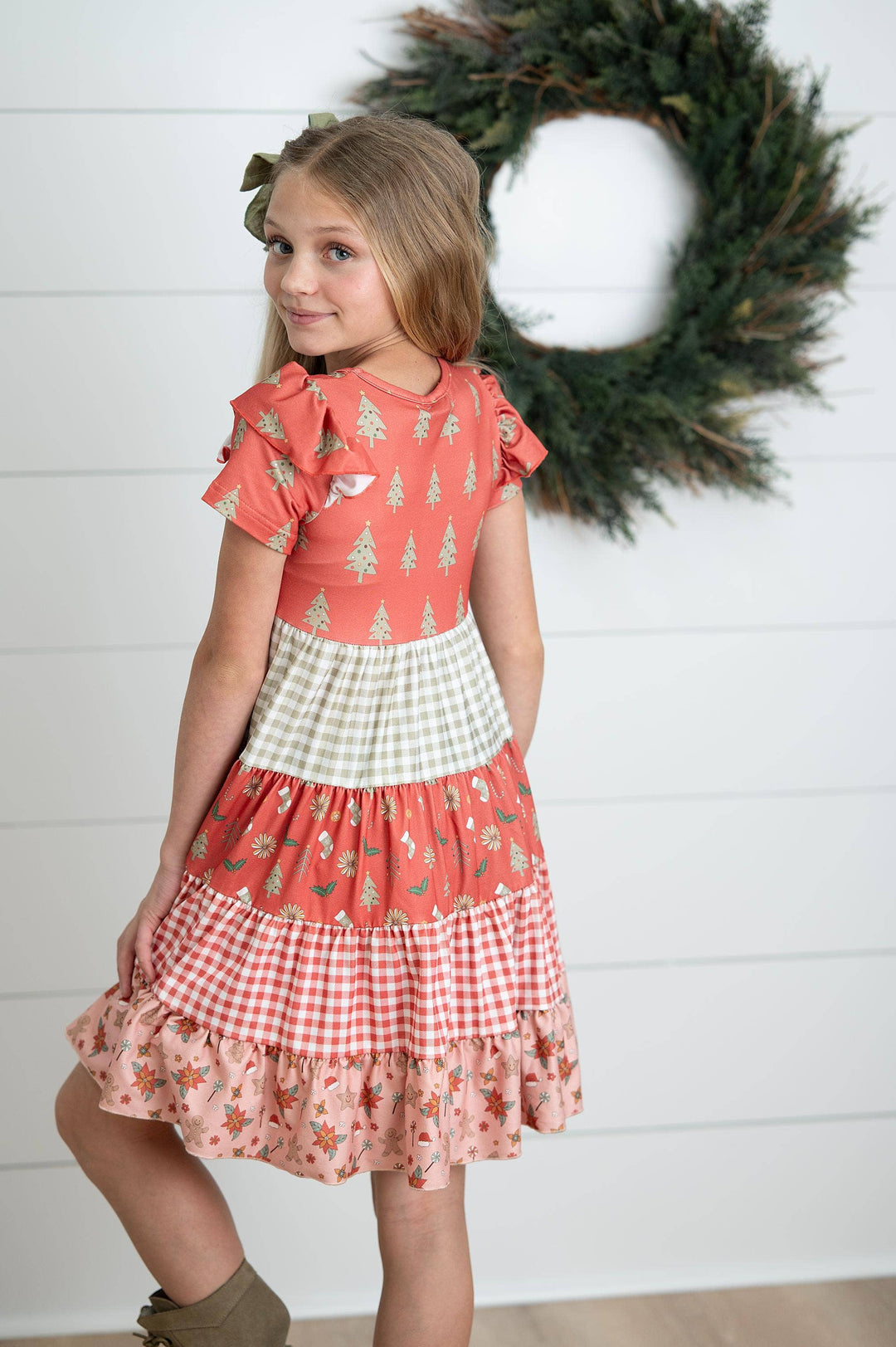 Girls Red Green Ava Merry Holiday Tree Twirl Dress