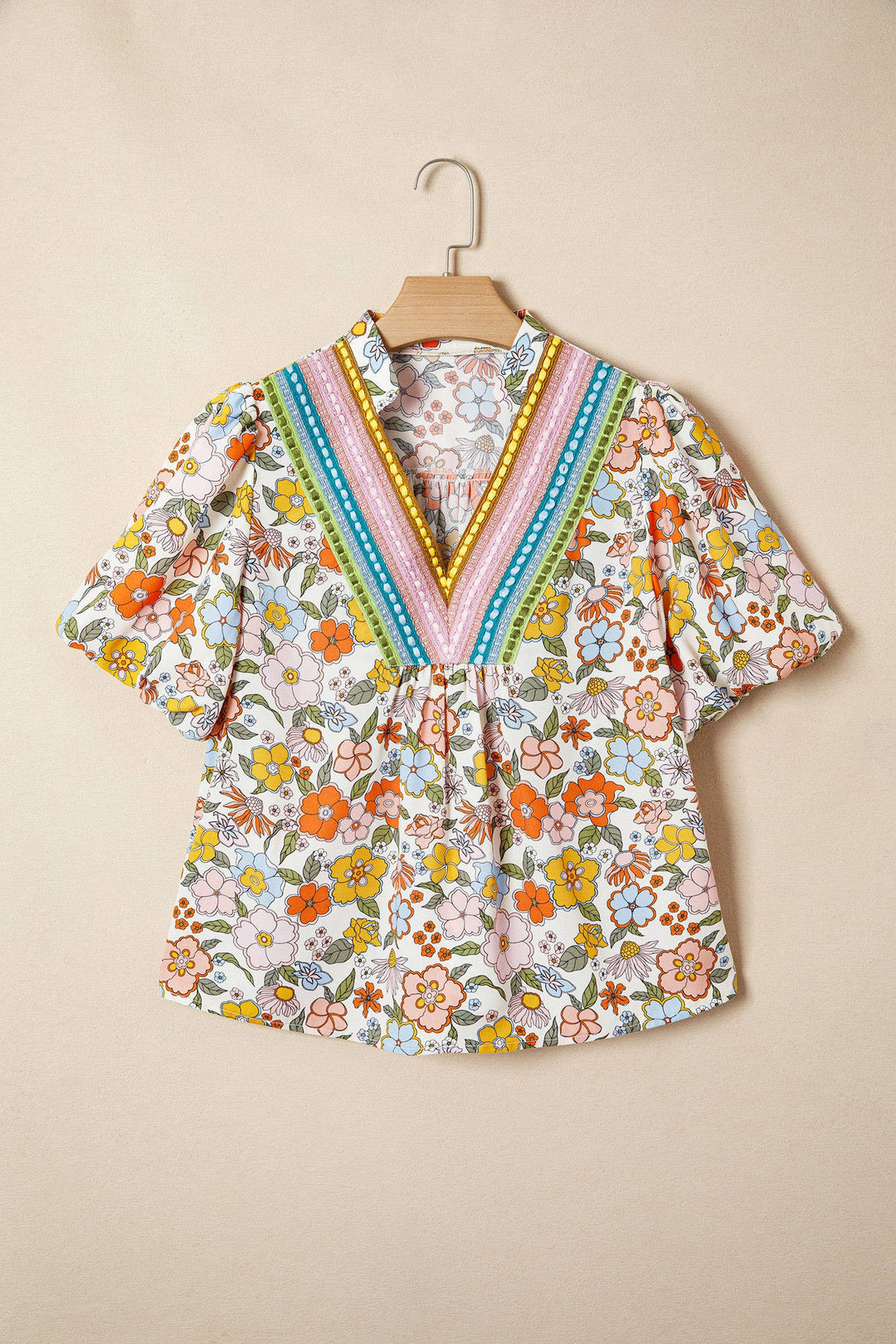 66DISCO - Crochet V Neckline Puff Sleeve Boho Flower Blouse (S-XL)
